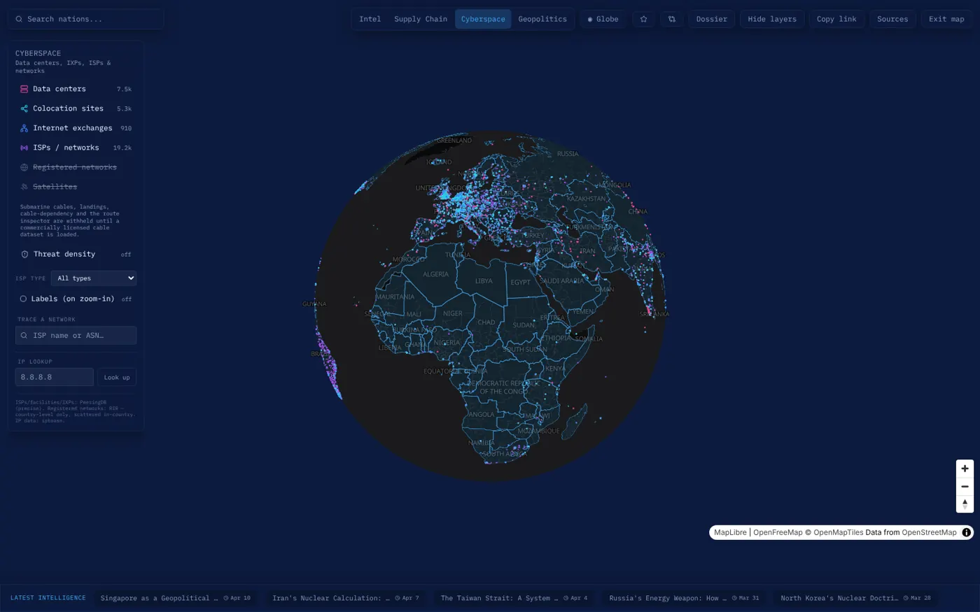 The Cyberspace lens: data centres, colocation sites and internet exchanges plotted on the globe, with the panel's counts