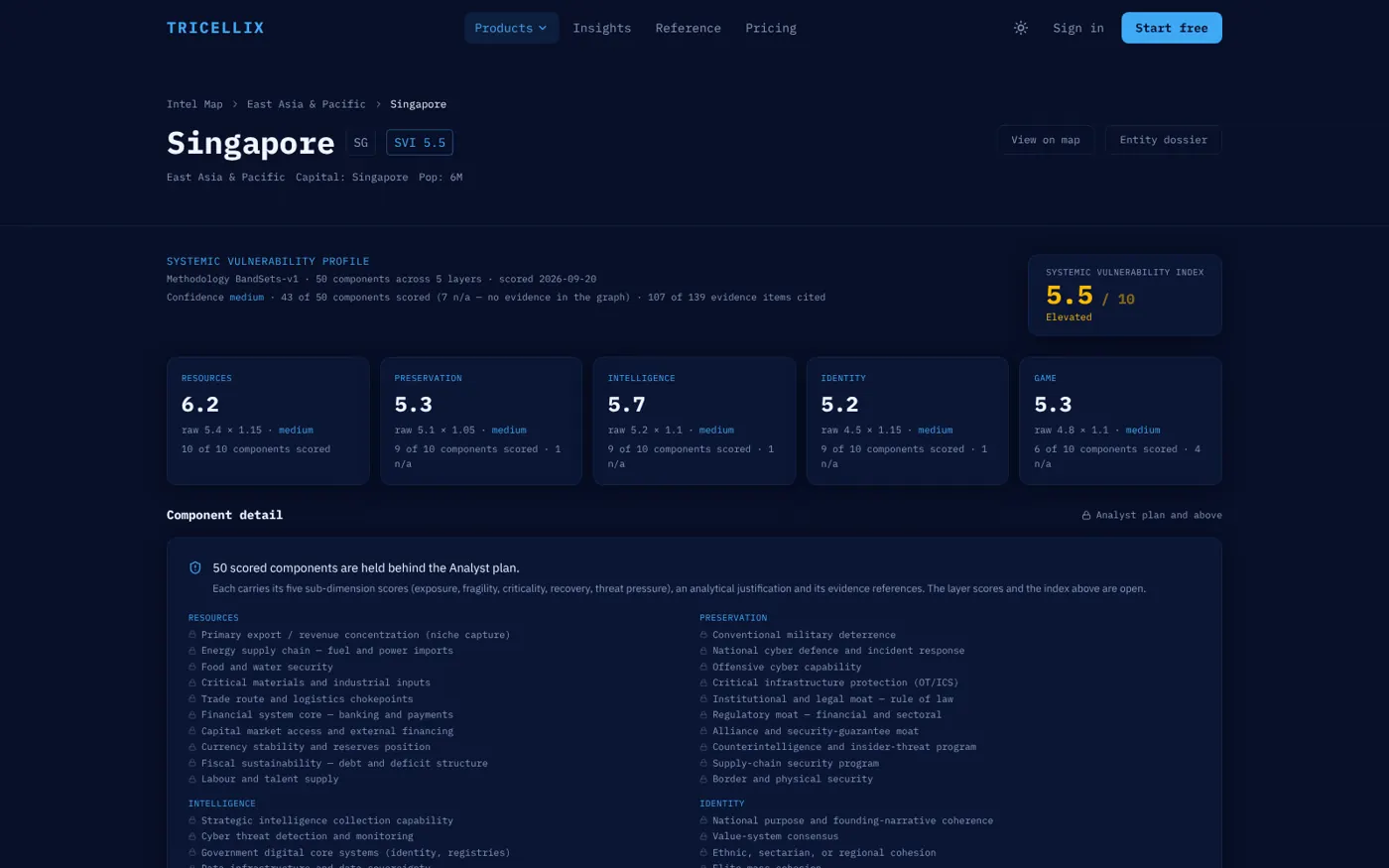 A nation profile page: the five-layer score table, the systemic vulnerability index and the cascade architecture